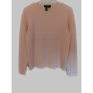 Lauren Ralph Lauren Merino Wool and Angora Pink Cable Classic Sweater w/ Logo M